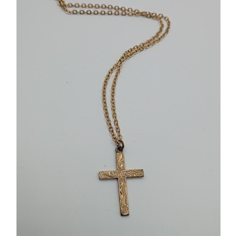 Vintage Gold-Tone Engraved Cross Necklace